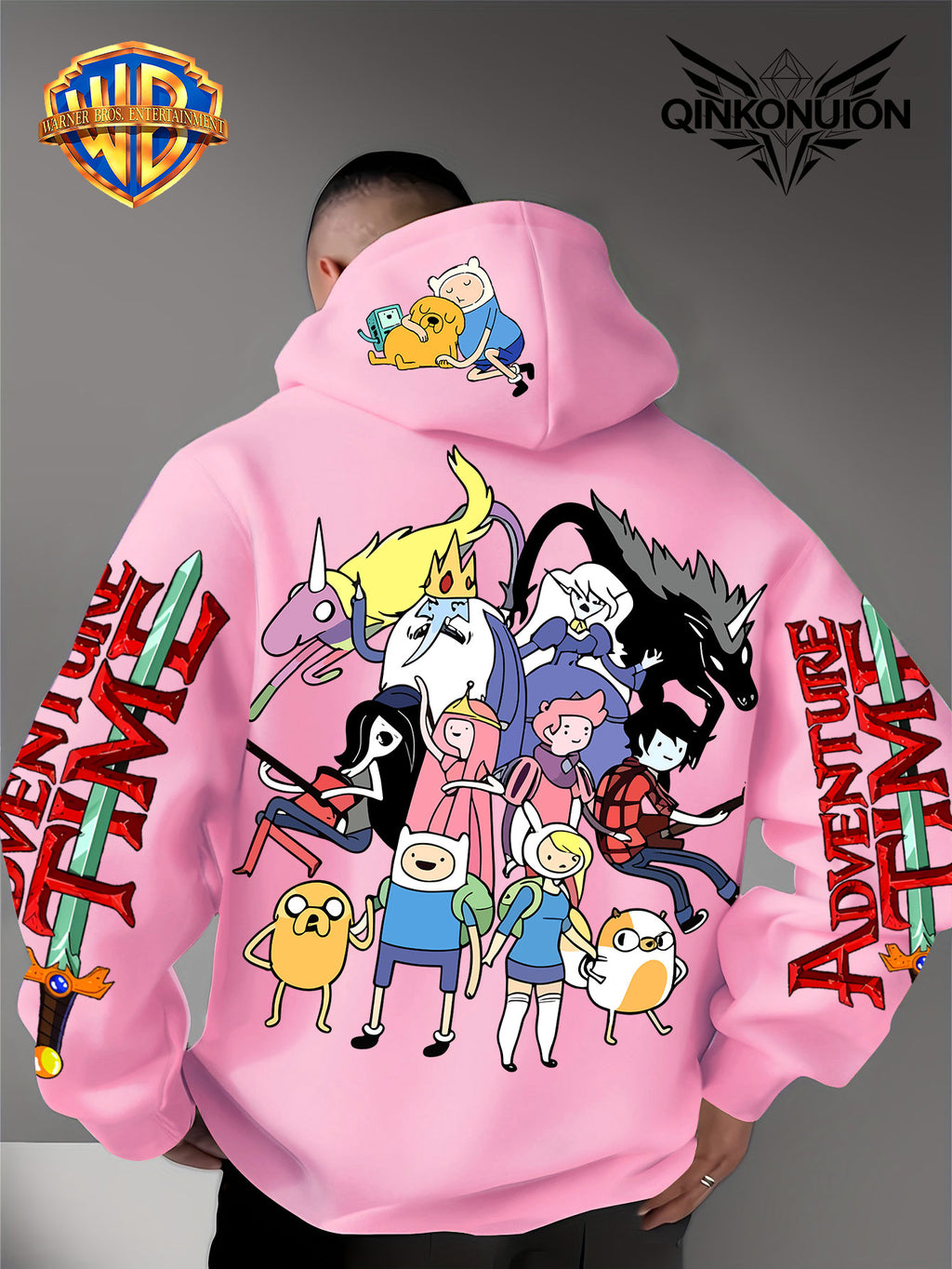 Warner Official Men's Hoodie, Adventure Treasure Full Character Gathering Adventure Print Design, Machine Washable, Warm and Casual for Autumn and Winter, Daily Drawstring Hoodie, Multifunctional Sports and Casual Loose Fit - Pink Color