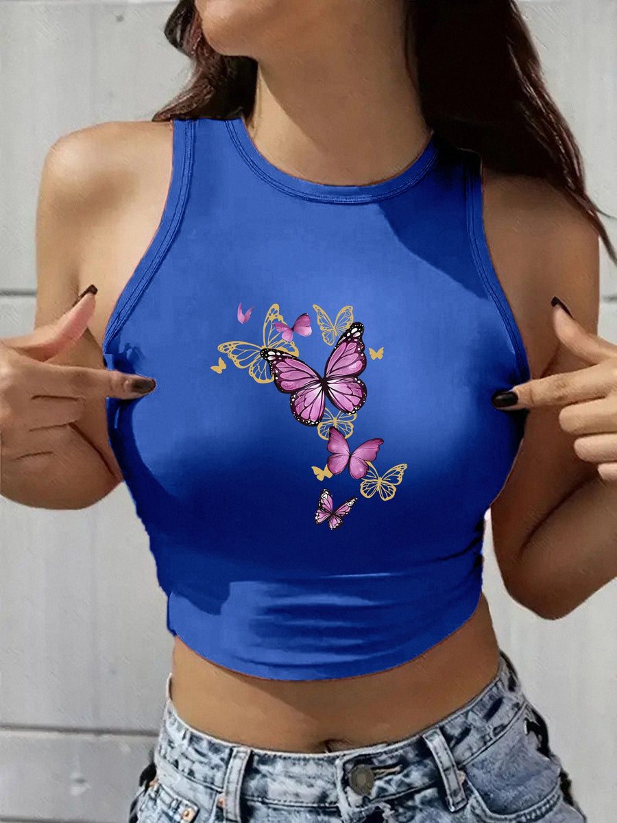 2026 Women's Y2K New Fashion Round Neck Sleeveless Tank Top - Trendy Layering for All Seasons Street Style - Unique Geometric Print Pattern - Vintage Lightweight Black White Brown Blue Pink Popular Cute Loose Comfortable Multi-Color Options - Blue