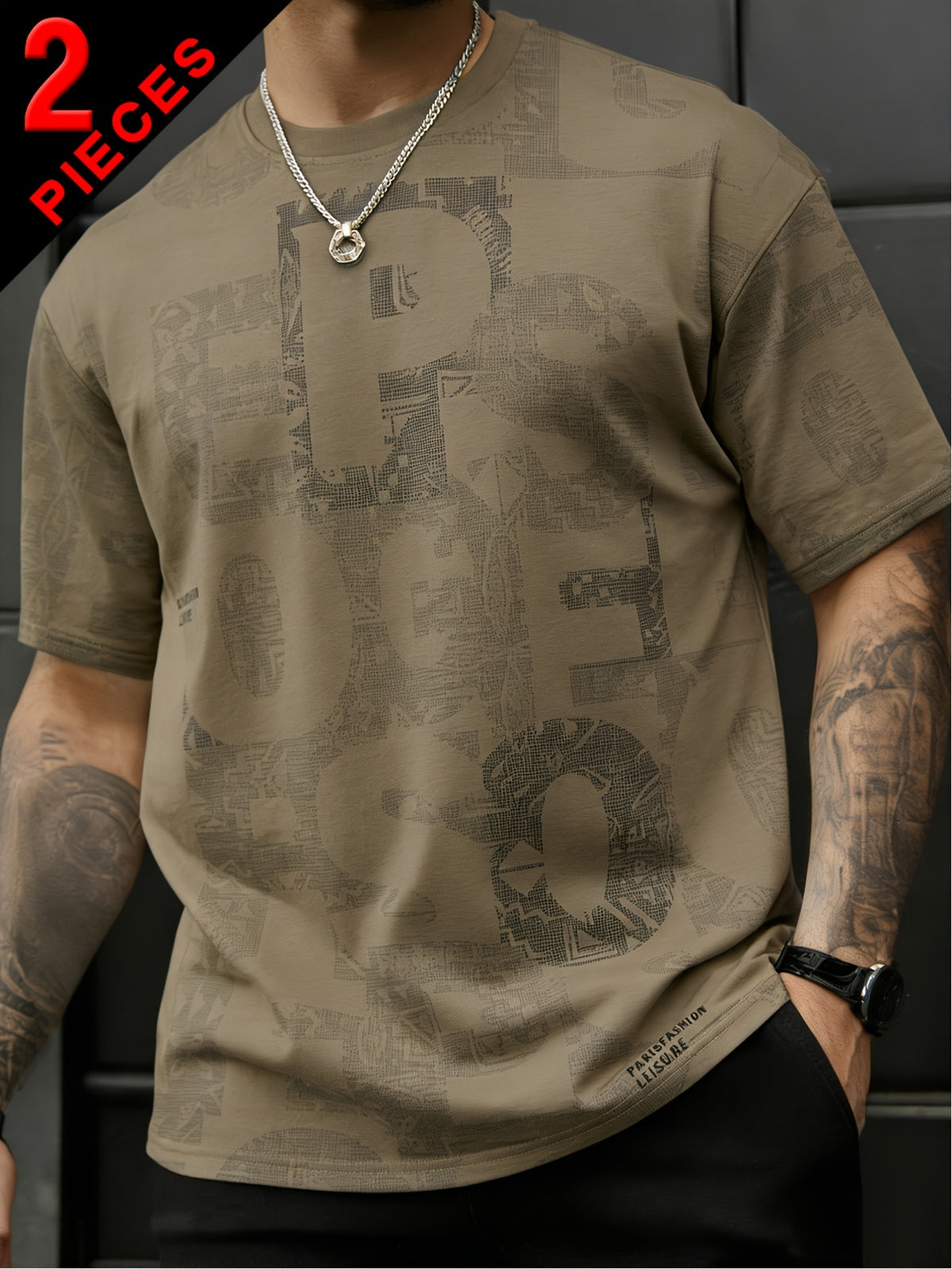 2pcs Men's Short Sleeve T-Shirts, Summer Fashion All-Over Print Short Sleeve Tees, Loose Fit Letter Print Stretch Short Sleeve Sport Tops, Youth Crew Neck Breathable Trendy T-Shirts, Suitable for Daily Wear, College, Street, and Sporty Outfits - 2 pieces - Gray Apricot + Black