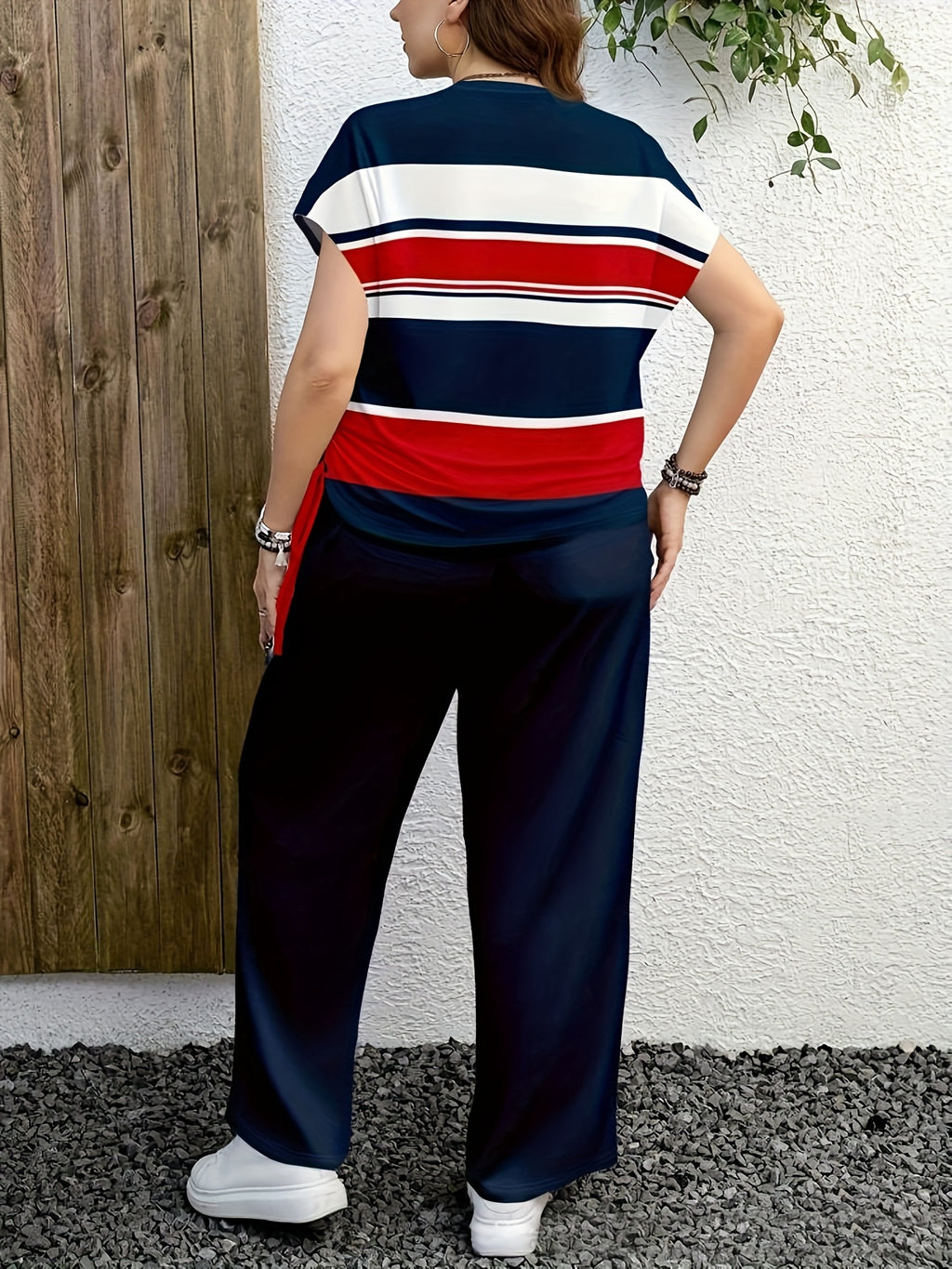 Ladies Two-Piece Set - Casual Minimalist Vacation Style Two-Piece Set - Red And Blue Stripe Design, Suitable for Summer And Autumn Transition Wear, Bow Side Drawstring - Mixed colors