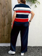 Ladies Two-Piece Set - Casual Minimalist Vacation Style Two-Piece Set - Red And Blue Stripe Design, Suitable for Summer And Autumn Transition Wear, Bow Side Drawstring - Mixed colors