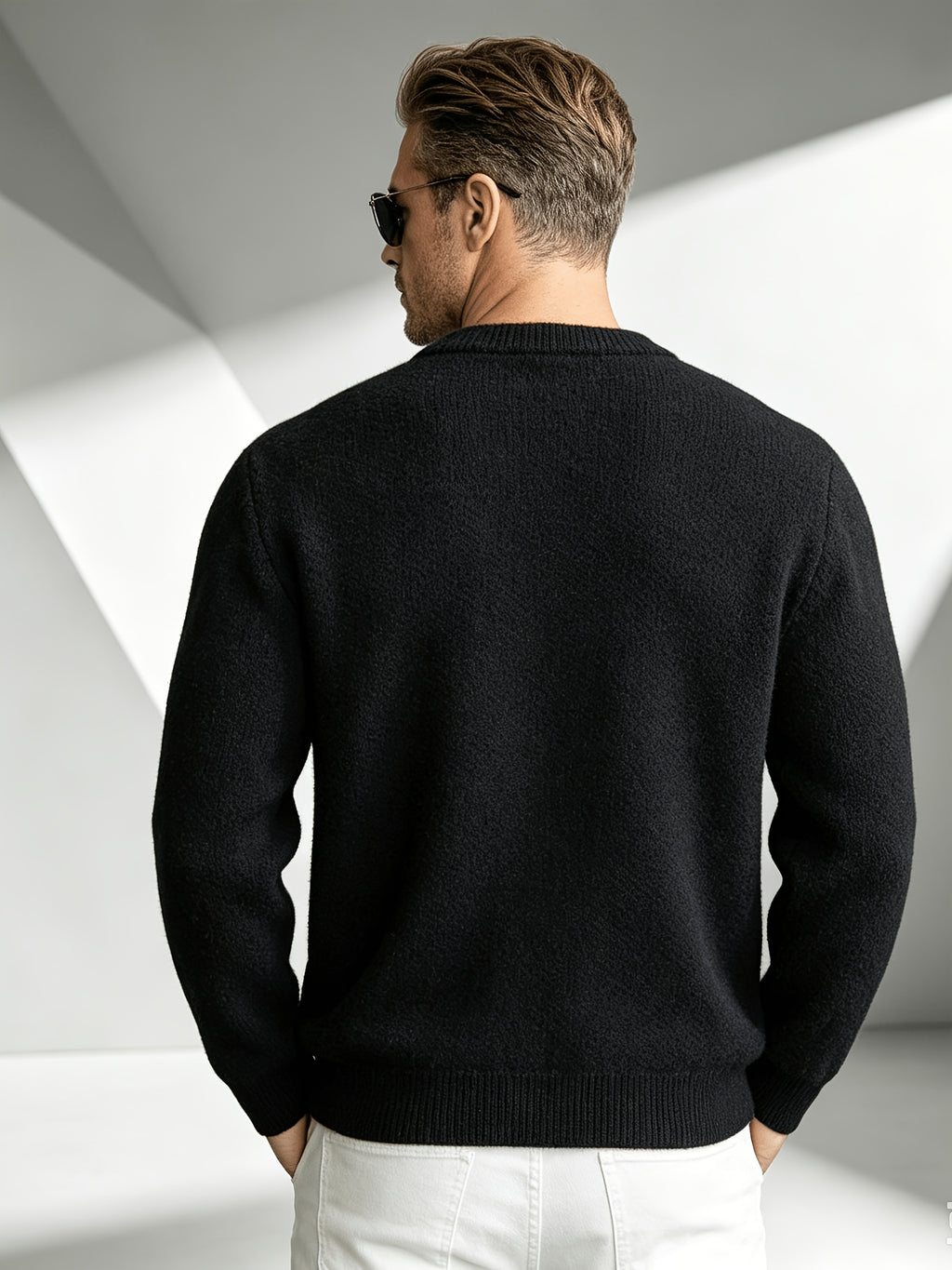2026 New Fashionable Business Mature Casual Men's Crew Neck Single-Breasted Knit Cardigan, Ribbed Cuffs and Hem Loose Long-Sleeve Knit Outerwear, Suitable for Daily, Office, and Weekend Outings in Autumn and Winter - Black