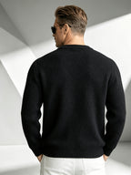 2026 New Fashionable Business Mature Casual Men's Crew Neck Single-Breasted Knit Cardigan, Ribbed Cuffs and Hem Loose Long-Sleeve Knit Outerwear, Suitable for Daily, Office, and Weekend Outings in Autumn and Winter - Black