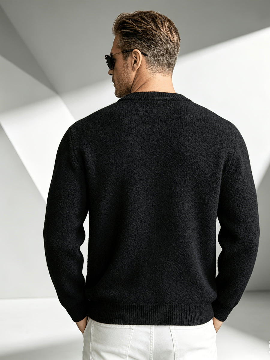2026 New Fashionable Business Mature Casual Men's Crew Neck Single-Breasted Knit Cardigan, Ribbed Cuffs and Hem Loose Long-Sleeve Knit Outerwear, Suitable for Daily, Office, and Weekend Outings in Autumn and Winter - Black