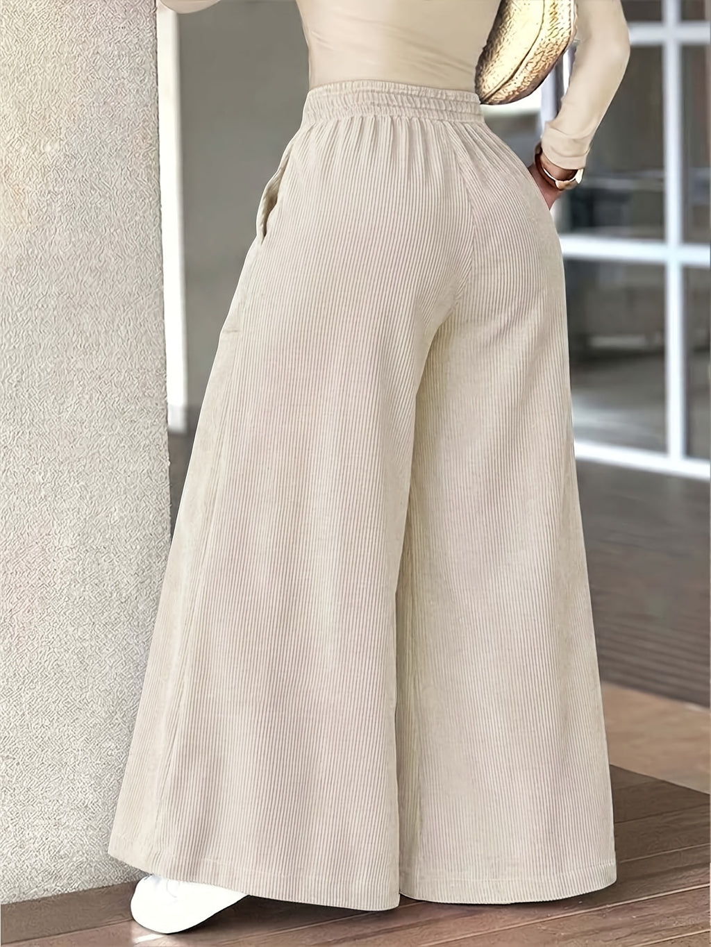 Women's Corduroy Fashion Casual Wide-Leg Pants with Multi Patch Pockets Design, Elegant Loose Straight-Leg Trousers with Nice Drape, High-Waisted Draping Wide-Leg Casual Pants - Ivory White