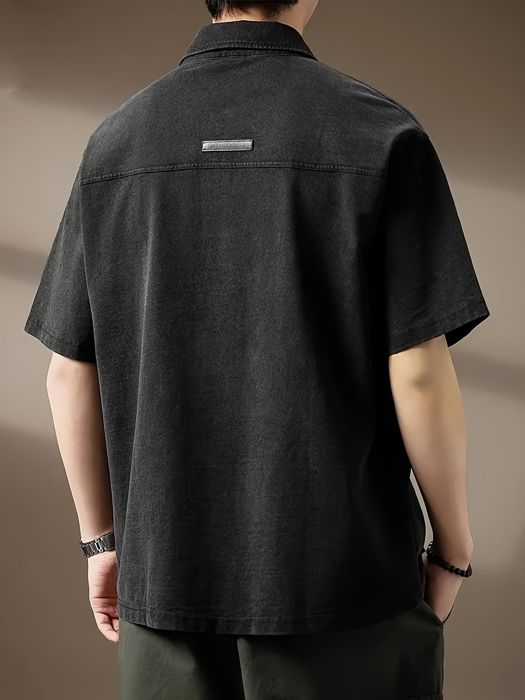 Men's American-Style Denim Short-Sleeve Polo Shirt, Summer Loose-Fit Lapel Heavyweight Premium T-Shirt - Black
