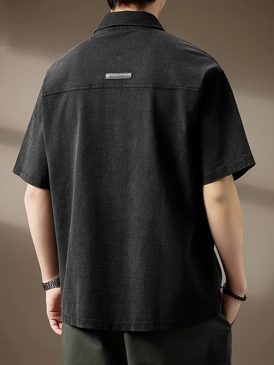 Men's American-Style Denim Short-Sleeve Polo Shirt, Summer Loose-Fit Lapel Heavyweight Premium T-Shirt - Black