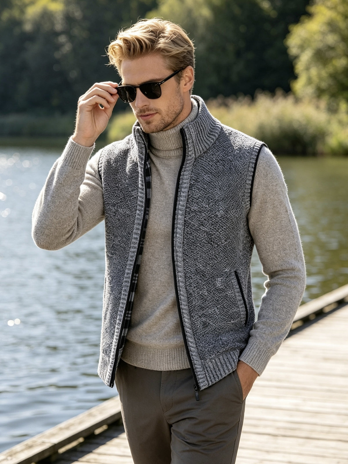 Men'S Stand Collar Zip-Up Vest, Thick Warm Sleeveless Sweater Waistcoat Gilet, Casual Fall Winter Outerwear Sleeveless Cardigan for Daily Commute Outdoor Street Wear - Light Grey
