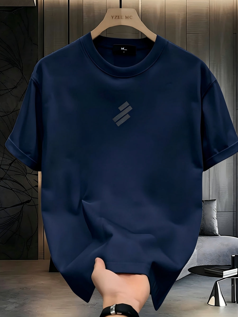 Minimalist Geometric Print Pure Cotton T-shirt, with a Delicate and Skin-friendly Feel, Featuring a Trendy Streetwear Style and Premium Texture. High-quality Unisex Short-sleeve Tee, Versatile for Daily Commutes and Casual Wear - Navy Color