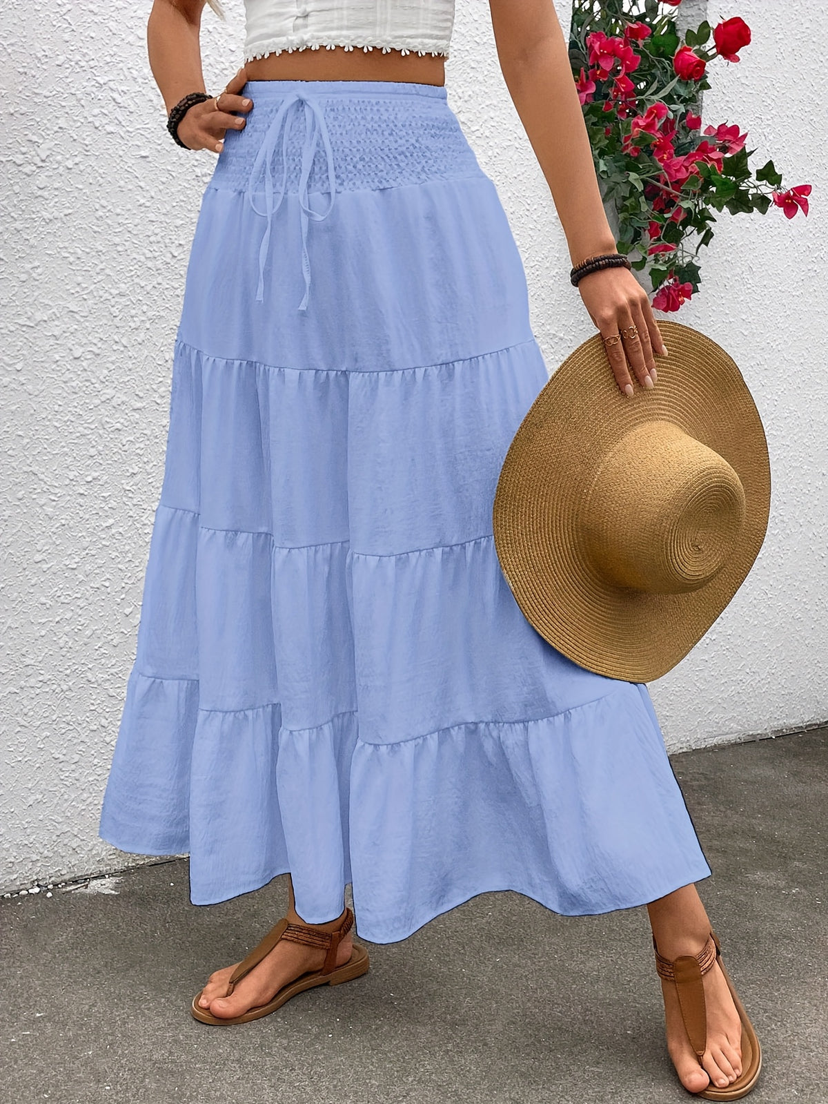 Women's elastic high-waisted ruffle A-line long skirt with drawstring design in Bohemian style. - Light Blue