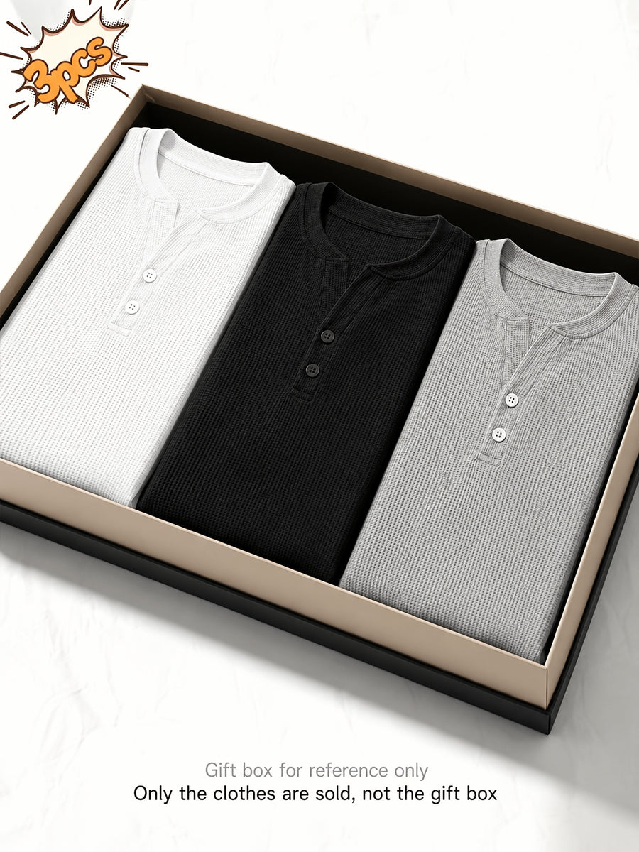 [Josh Mei Obm] 3pcs Men'S Waffle Henley Shirts Lightweight Breathable Button Neck Slim Fit Summer Tops for Beach Vacation Outdoor Casual Wear - White+Black+Grey