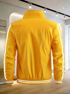 Men's Spring/Autumn Stand Collar Baseball Jacket with "BLACK" Lettering and Diamond Pattern Print, Zipper Front with Contrast Stripes, Lightweight Casual Windproof Sports Jacket - ginger-colored