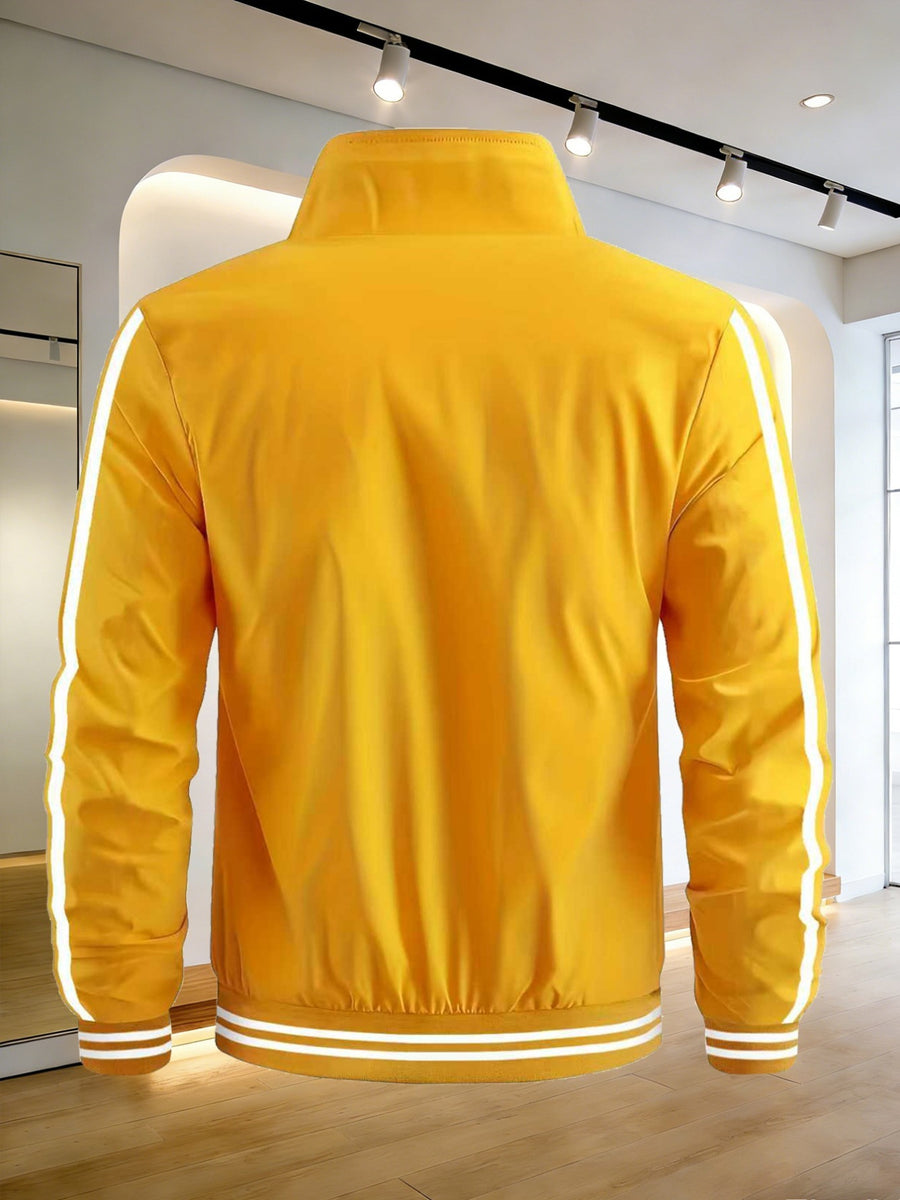 Men's Spring/Autumn Stand Collar Baseball Jacket with "BLACK" Lettering and Diamond Pattern Print, Zipper Front with Contrast Stripes, Lightweight Casual Windproof Sports Jacket - ginger-colored