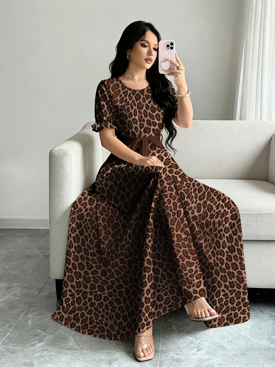 Holiday Gathering Vacation Dress Printed Dress Women'S Fashion Round Neck Short Puff Sleeve Skirt Design with Belt Waist-Cinching Long Dress Elegant Summer Dress ASD1 - Khaki