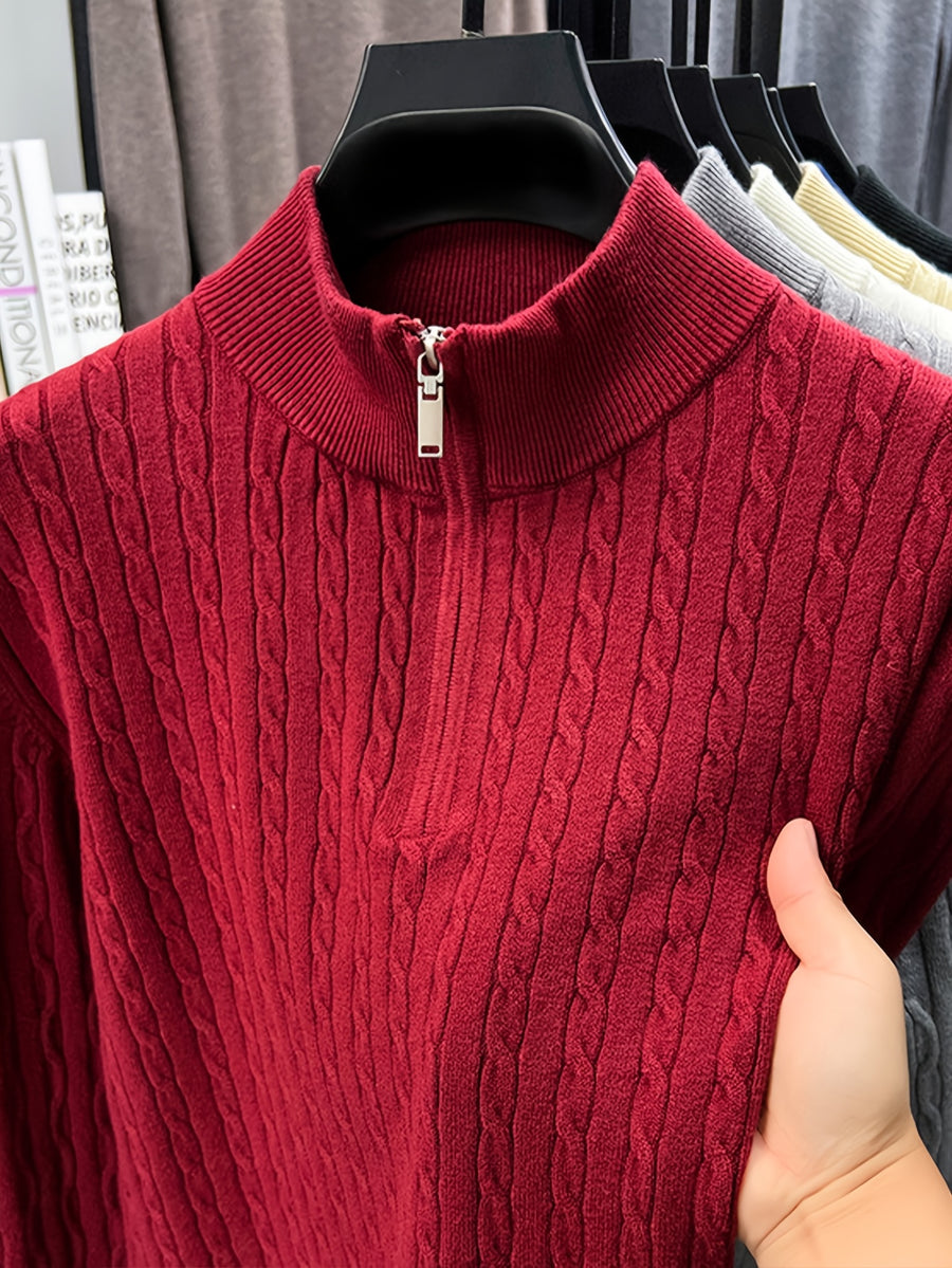 Half-zip Cable-knit Sweater, Fully Constructed with Herringbone Cable Stitching for a Strong Three-dimensional Texture. Compared to a Stockinette Sweater, It Has a More Vintage Feel. The Slightly Relaxed Fit Offers Good Forgiveness for Body Shapes - Burgundy