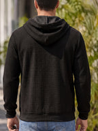 Men'S Casual Zip-Up Hoodie Daily Travel Streetwear Regular Fit Black Corn Corduroy Hooded Sweatshirt with Drawstring Hood Ribbed Cuffs - Black