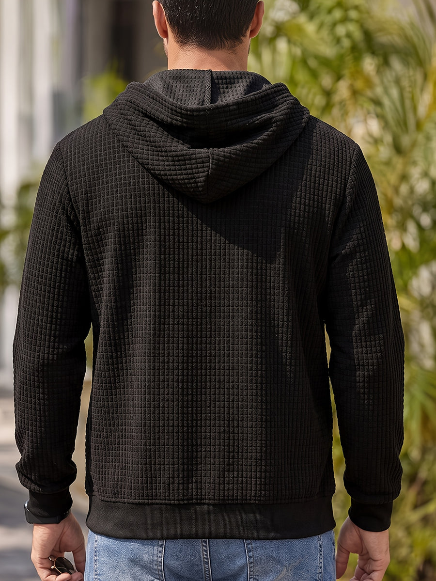 Men'S Casual Zip-Up Hoodie Daily Travel Streetwear Regular Fit Black Corn Corduroy Hooded Sweatshirt with Drawstring Hood Ribbed Cuffs - Black