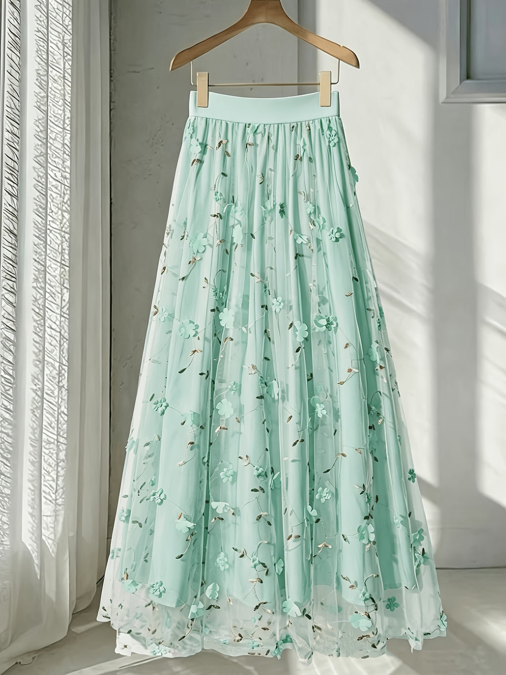 Women'S Elegant Spring Summer Embroidered Mesh Floral Appliqué A-Line Vacation Dress, Suitable for Vacation, Dating, Parties, Commuting And Other Occasions - Light Green