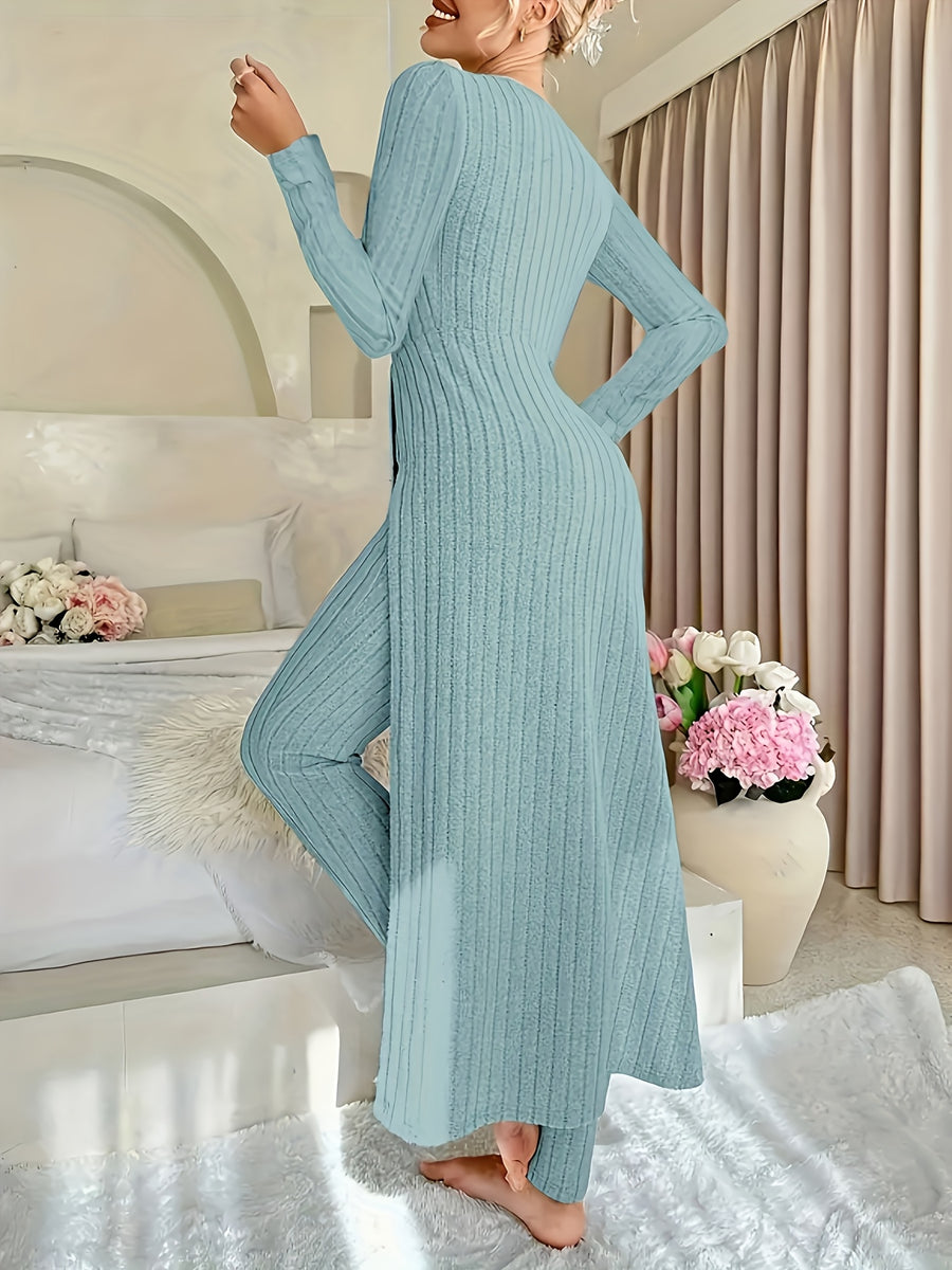 Autumn-Winter Casual Robe and Long Pants Set, High Slit Dress Set, Hair Needle Material, Suitable for Daily Wear, Home Casual Wear - Military Blue