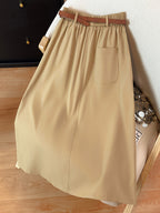 Easy High-Waist Half Skirt Women'S New Elastic Waist Button Decor A-Line Mid-Length Coverage Large Pocket Design Commute Casual Skirt with Belt - Khaki