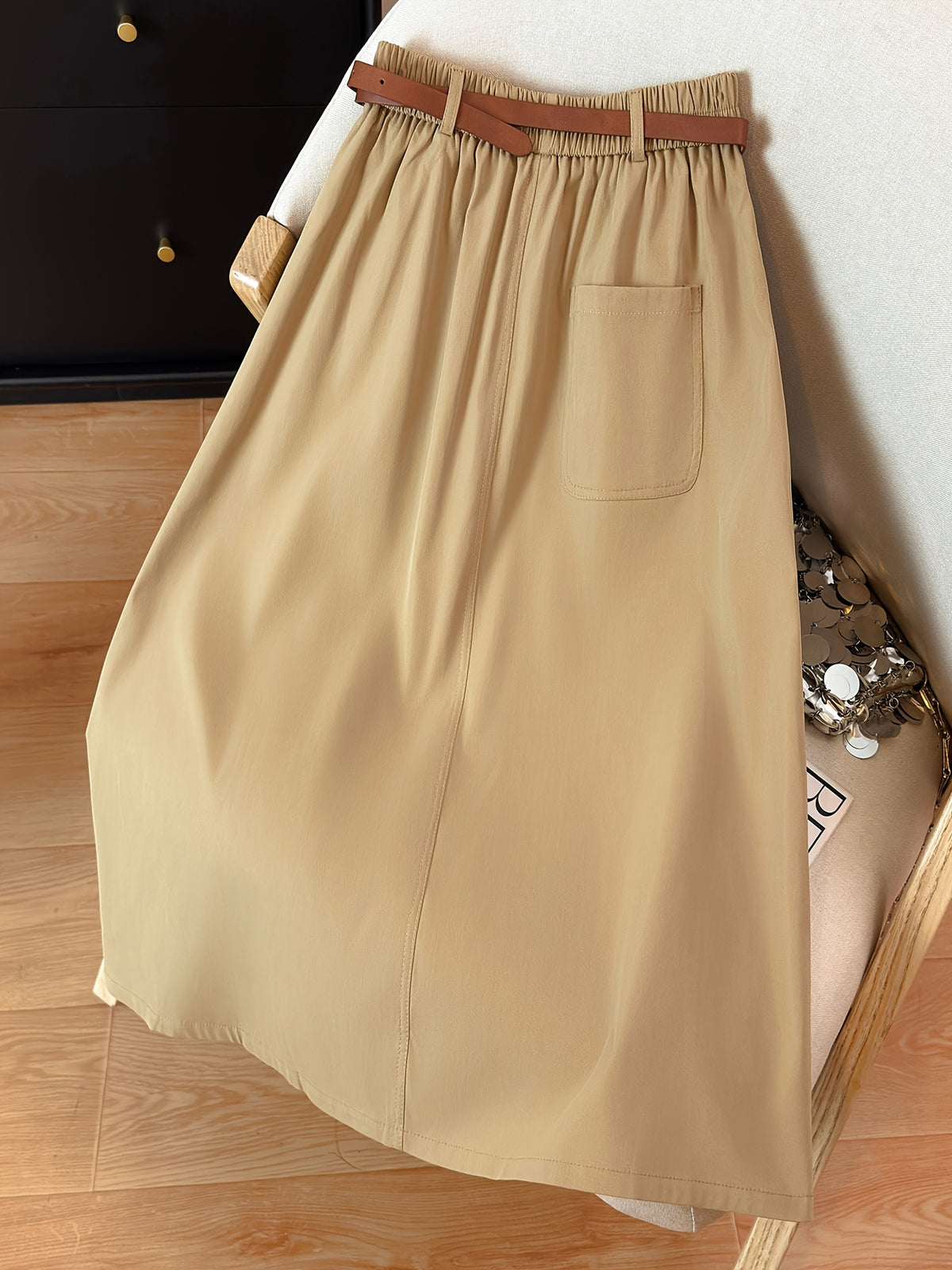 Easy High-Waist Half Skirt Women'S New Elastic Waist Button Decor A-Line Mid-Length Coverage Large Pocket Design Commute Casual Skirt with Belt - Khaki