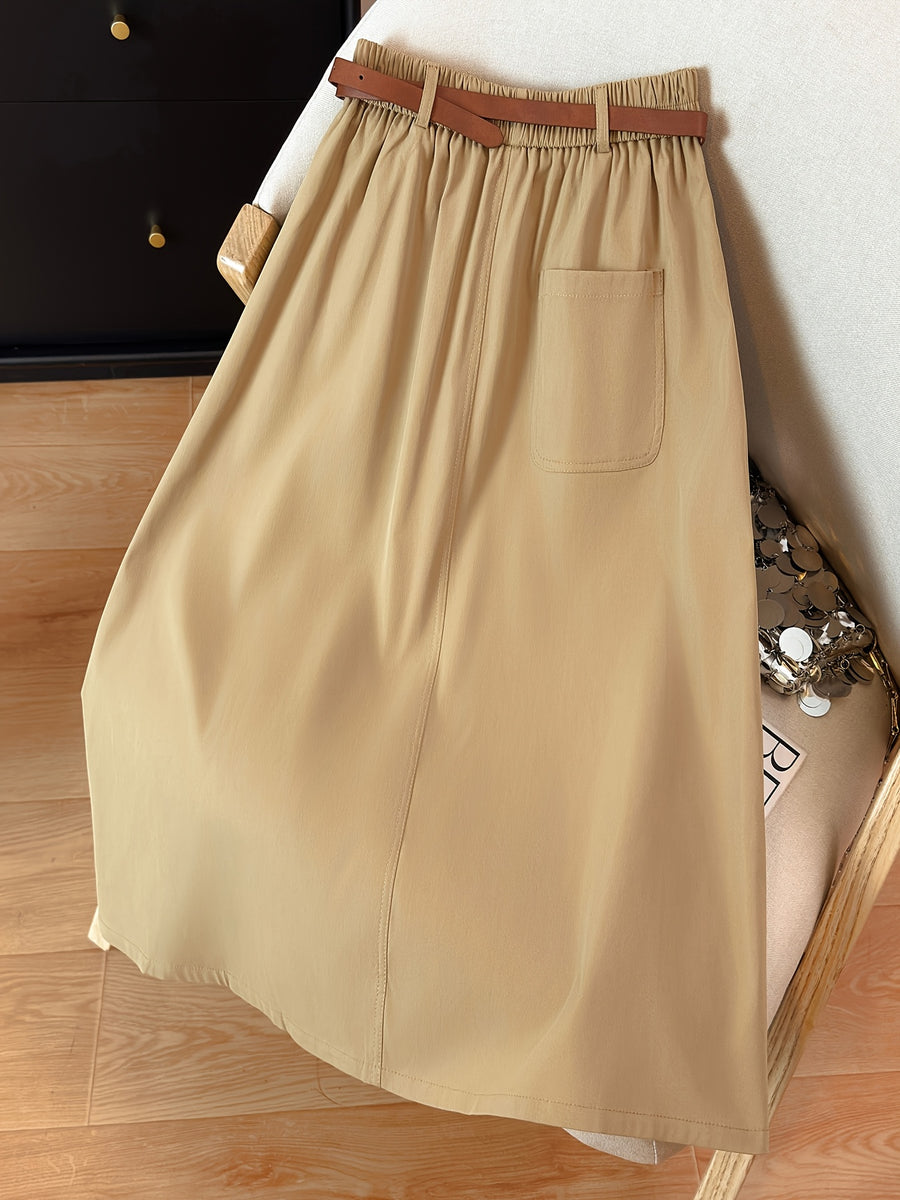 Easy High-Waist Half Skirt Women'S New Elastic Waist Button Decor A-Line Mid-Length Coverage Large Pocket Design Commute Casual Skirt with Belt - Khaki