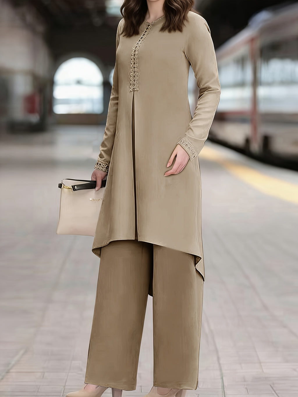 Ramadan Elegant Ladies Set Abaya Dress And Pants Solid Color Round Neck Embroidered Chest And Sleeve Applique Top Elastic Waist Long Pants Commute Casual Two-Piece Set - Khaki