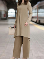 Ramadan Elegant Ladies Set Abaya Dress And Pants Solid Color Round Neck Embroidered Chest And Sleeve Applique Top Elastic Waist Long Pants Commute Casual Two-Piece Set - Khaki