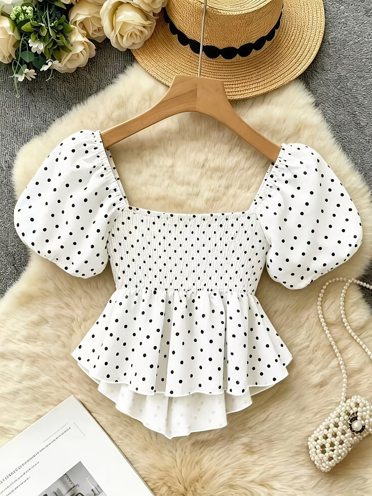 Women's Elegant Polka Dot Print Blouse, Brunch Style, White and Black Polka Dots, Summer Wear - Mixed colors