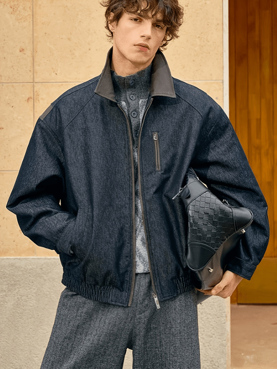 Men'S 2026 New Spring And Autumn Loose American Style Casual Jacket with Faux Denim Fabric, Stand-Up Collar Top - Tannin Blue