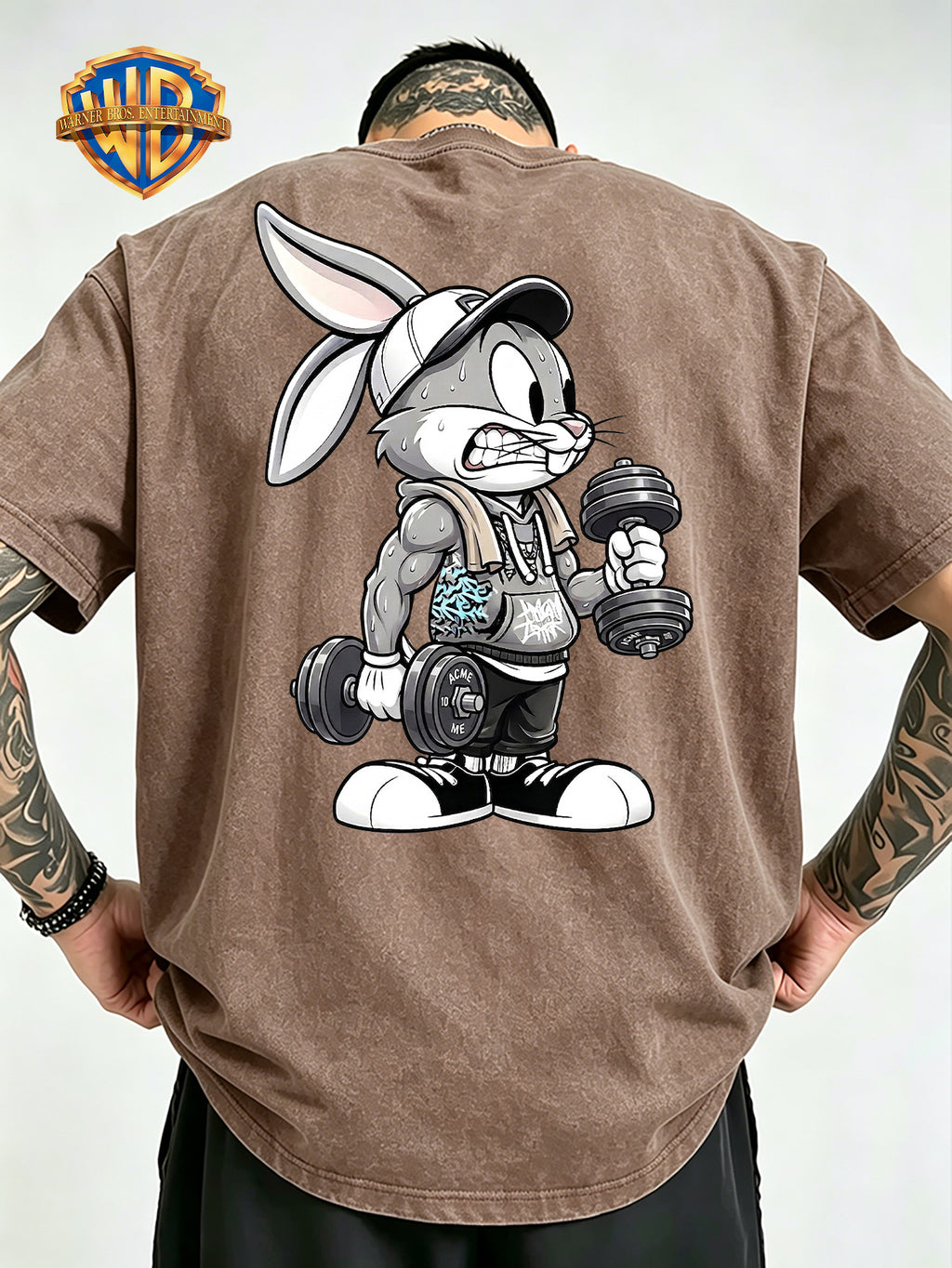 Fitness Weightlifting Rabbit Boggie Front And Back Double Print Washed T-Shirt, Washed Distressed Vintage Short Sleeve Style Le Yitong Anime Casual Top, Men'S 100% Washed Casual Comfortable Style Full Match Loose Summer Short Sleeve T-Shirt - Khaki