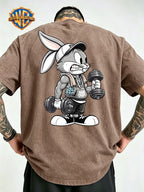 Fitness Weightlifting Rabbit Boggie Front And Back Double Print Washed T-Shirt, Washed Distressed Vintage Short Sleeve Style Le Yitong Anime Casual Top, Men'S 100% Washed Casual Comfortable Style Full Match Loose Summer Short Sleeve T-Shirt - Khaki