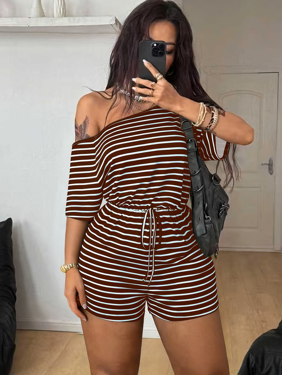 Standard Size Women's All-Season Pajamas, Casual Striped Print Fashion Off-Shoulder Outerwear Homewear Set - Brown