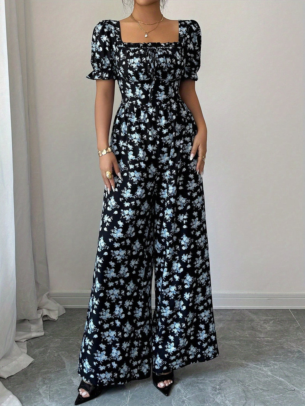 Women'S Elegant Vacation Style Waist-Cinching Printed Jumpsuit, Summer Jumpsuit, Wide-Leg Printed Jumpsuit, Long Length Printed Jumpsuit - Blue