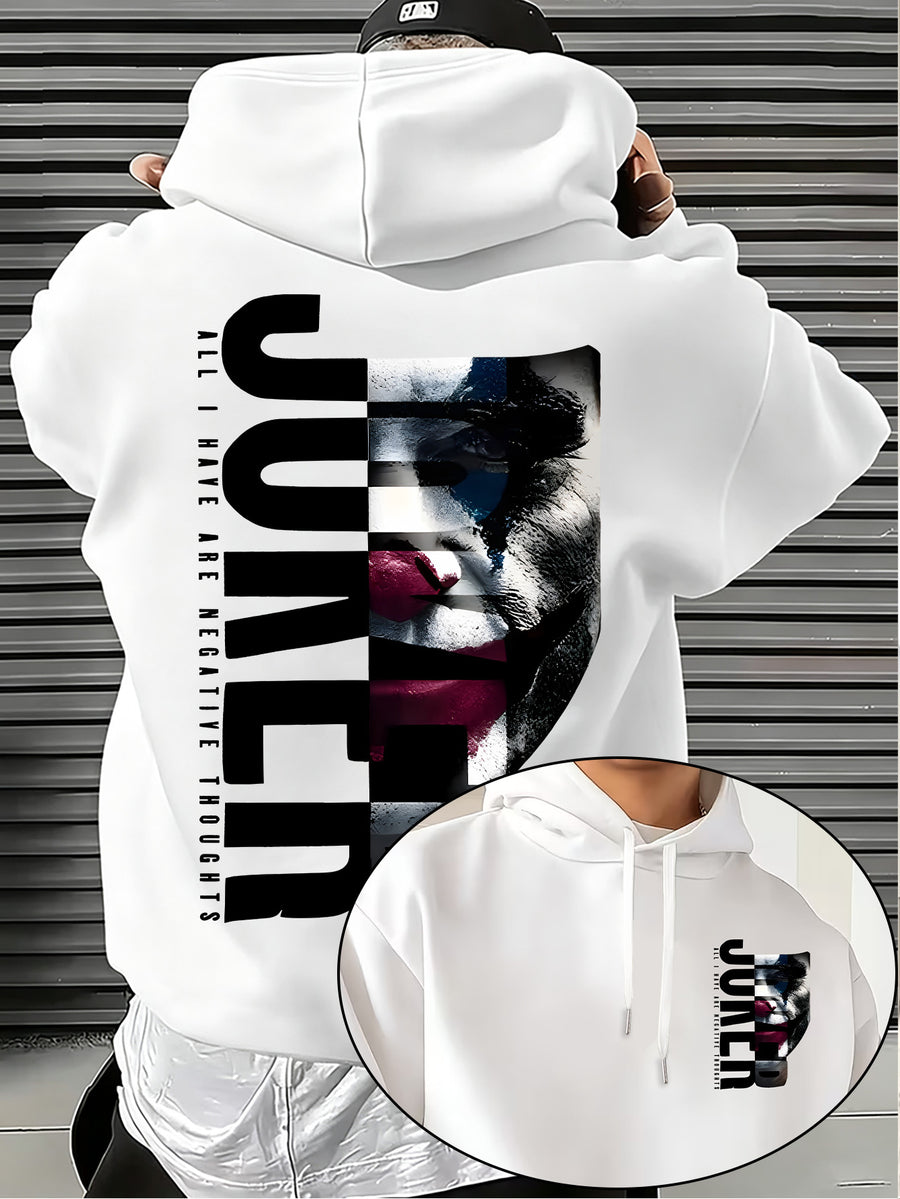 Authorized by Warner Bros., Featuring Dark JOKER Clown Patch Letter Print, Hat Design Pattern, Multi-Functional Street Style Men'S Hooded Sweatshirt, Comfortable Casual, Suitable for Autumn And Winter - White