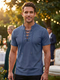 Breathable Fabric Summer Men'S Waffle Skinny Short Sleeve American Oversized Casual V-Neck Tie-Up T-Shirt - Navy Color