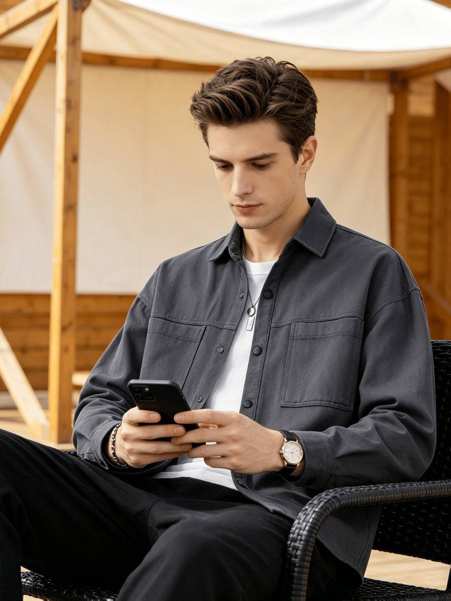 Men'S Cargo Long Sleeve Shirt, Pure Casual Blouse Loose Multi-Pocket Design Breathable Durable Fabric Street Outing Light Outdoor Camping Versatile Casual Top - Grey