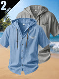 2pcs Men'S Summer Short Sleeve Shirt Set, Breathable And Skin-Friendly Linen Fabric, Trendy Hooded Style, Suitable for Beach Vacations, Beach Outings, And Casual Wear - Mixed Color 7