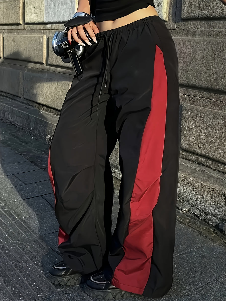 Women's Elastic Waist Wide-Leg Harem Pants - Black and White Contrast Casual Pants, Loose Fit, Machine Washable, All-Season Comfort, Durable Fabric, American Street Style Contrast Drawstring Versatile Wide-Leg Trousers - Red