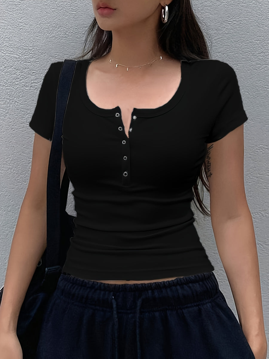Women's Solid Color Low-Neck Short Sleeve - Black