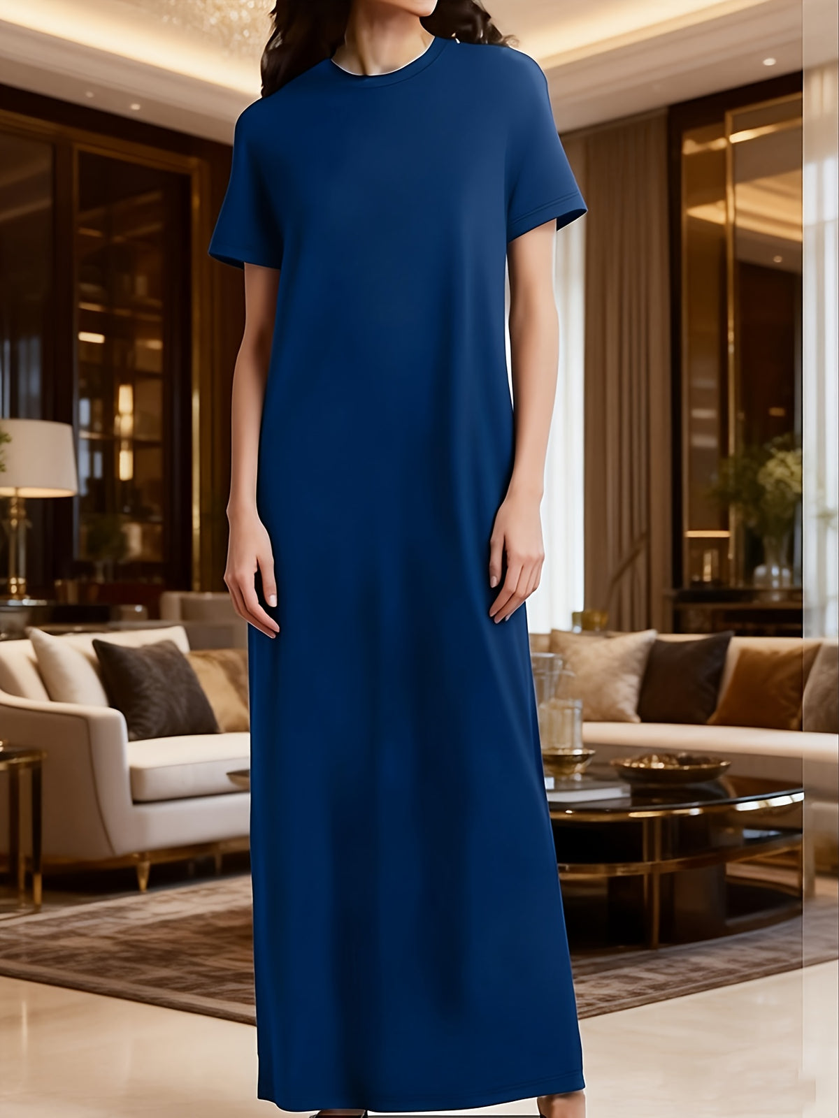 Plus Size, Fashion Casual Short-sleeve Round-neck Long Dress with Pockets, Solid Color, for Spring and Summer - Blue