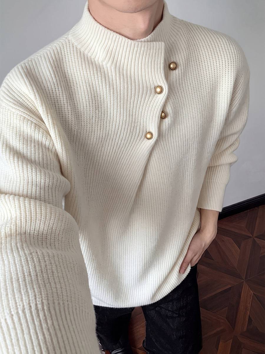 Men's Half-Turtleneck Sweater, Vintage Loose Drop-Shoulder Fit, Old Money Style Simple Casual Design, Autumn/Winter Warm Cable Knit Fabric, Skin-Friendly and Soft, Diagonal Placket with Button Row, Versatile Men's Knit Top, Men's Long-Sleeve Pullover - White