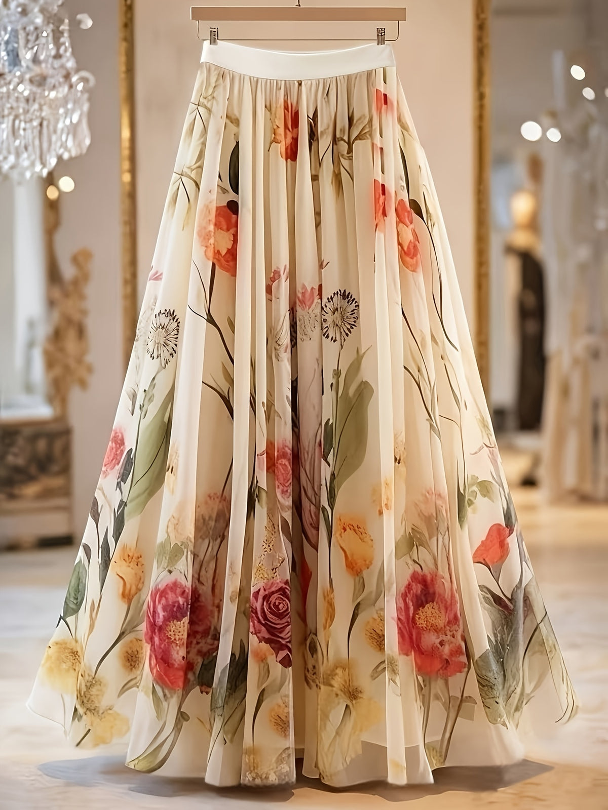 Spring And Summer Women'S Elegant Printed Mid-Length A-Line Skirt with Layered Tulle Skirt Elegant Women'S Skirt Daily Wear Outing Travel Can Be Worn in All Four Seasons Suitable for Casual And Formal Attire - Red Flower