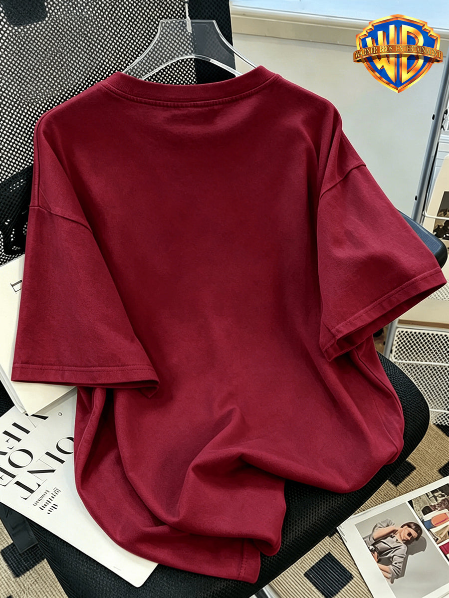Authorized by Warner Bros., Printed 100% Pure T-Shirt, American Retro Casual Short Sleeve Shirt, Men'S 100% Pure Comfortable And Versatile Loose Summer Short Sleeve T-Shirt, Suitable for Outdoor Sports And Gym Wear - Burgundy