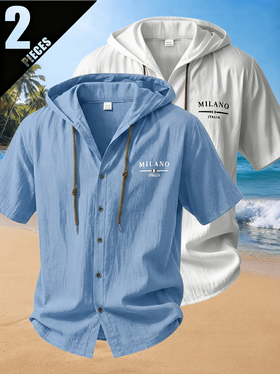 2pcs Men'S Summer Short Sleeve Shirt Set, Breathable And Skin-Friendly Linen Fabric, Trendy Hooded Style, Suitable for Beach Vacations, Beach Outings, And Casual Wear - Mixed Color 12