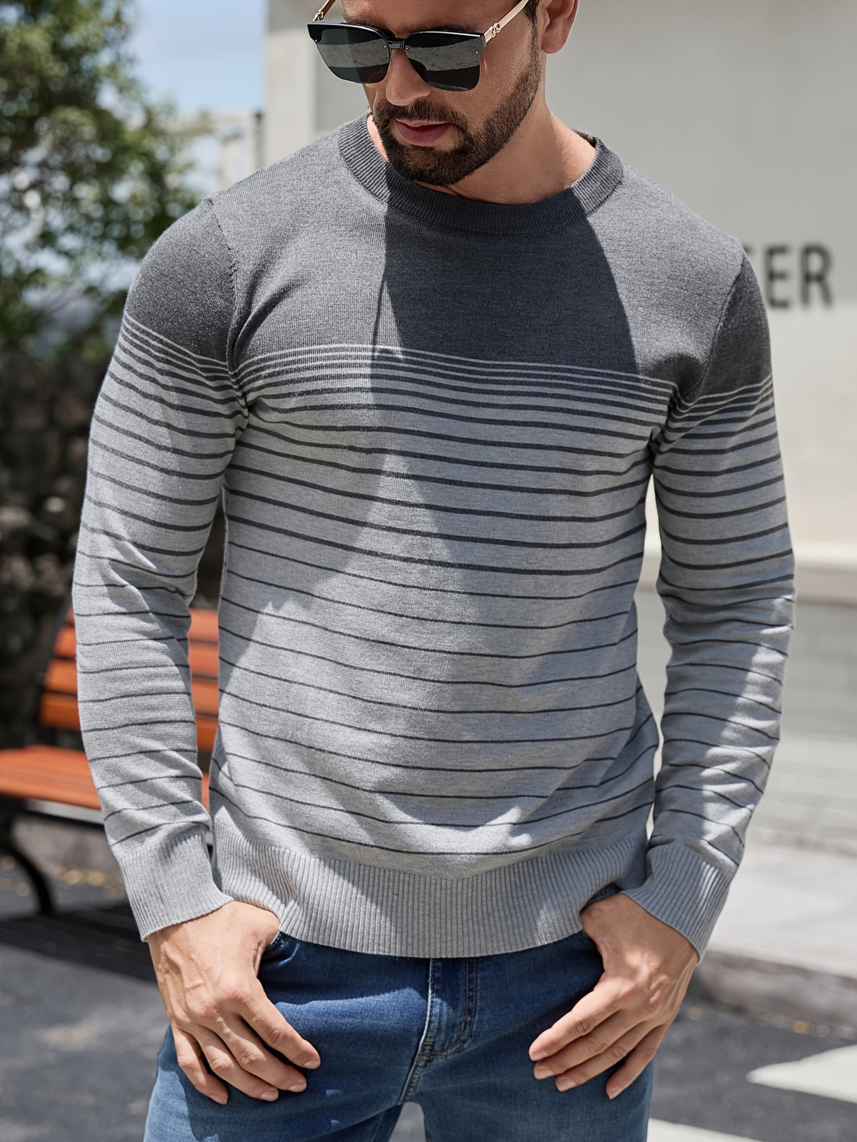 Men'S Spring Autumn Base Layer Sweater 3pcs Set Casual Striped Pullover Color-Block Round Neck Men'S Knitwear - Grey