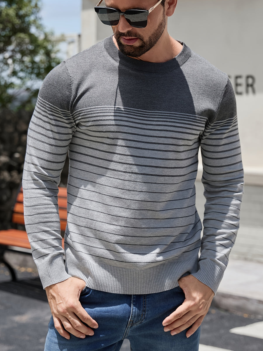 Men'S Spring Autumn Base Layer Sweater 3pcs Set Casual Striped Pullover Color-Block Round Neck Men'S Knitwear - Grey