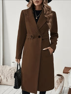 New Autumn/Winter Classic Notched Lapel Long Coat for Women, Waist-Cinching with Tie Belt and Two-Button Design, Over-the-Knee Outerwear, Elegant Commuter Style, Draped and Structured Long-Sleeve Coat with Side Pockets, Simple and Versatile, Slim Fit - Coffee Color
