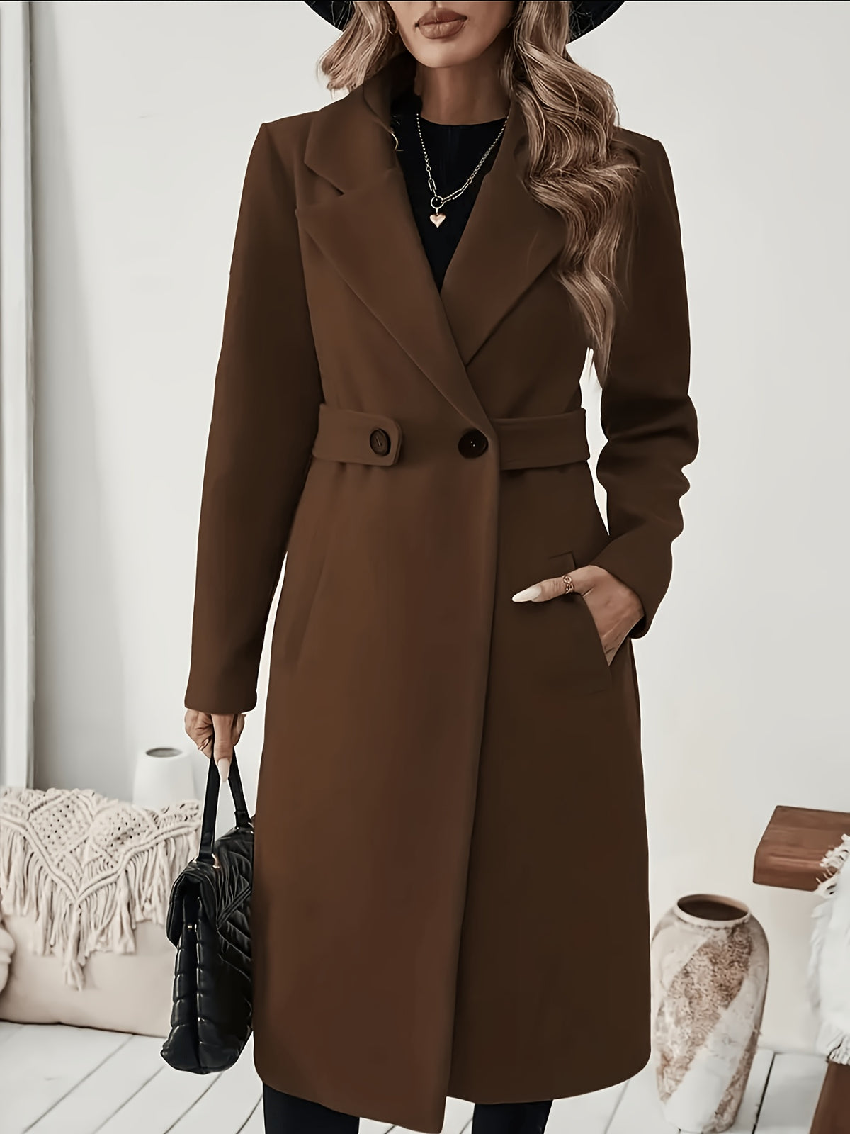 New Autumn/Winter Classic Notched Lapel Long Coat for Women, Waist-Cinching with Tie Belt and Two-Button Design, Over-the-Knee Outerwear, Elegant Commuter Style, Draped and Structured Long-Sleeve Coat with Side Pockets, Simple and Versatile, Slim Fit - Coffee Color