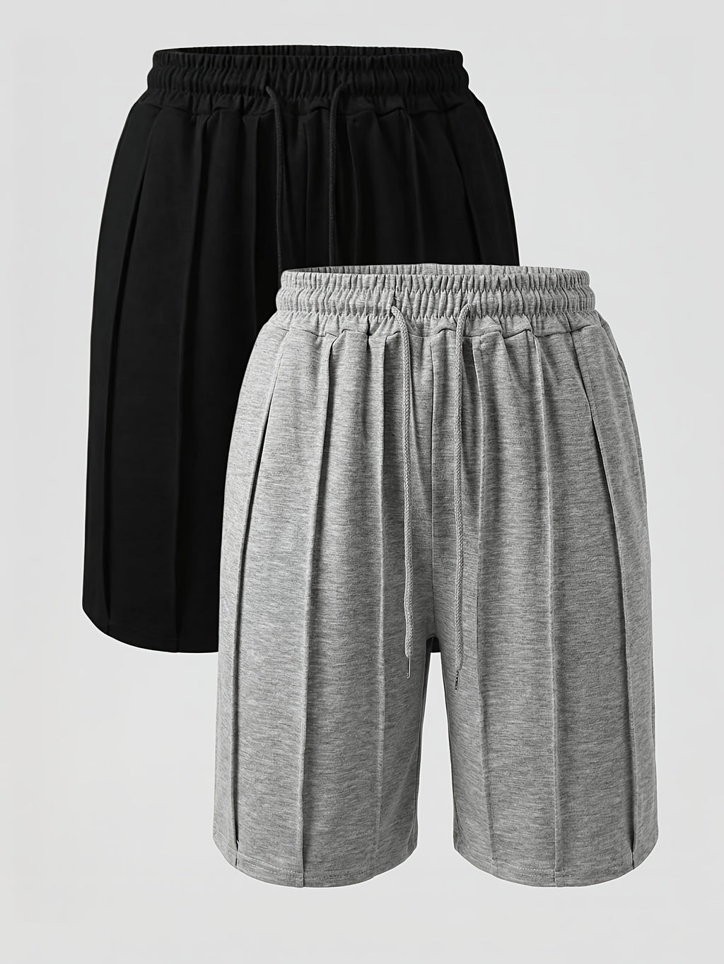 A Set of Two Women'S Spring And Summer Shorts Featuring a Three-Dimensional Striped Design, Comfortable Elastic Waistband, Casual Style with Double Pockets, And Soft Fabric - Light Grey+Black